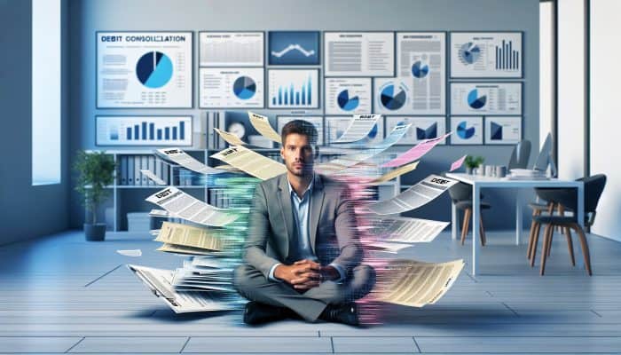 Debt Consolidation and Credit Utilisation Hacks: UK Strategies | DCL Debt Consolidation and Credit Utilisation Hacks: Person relieved as multiple colourful debt papers merge into one clear document in a modern office, symbolising debt consolidation.