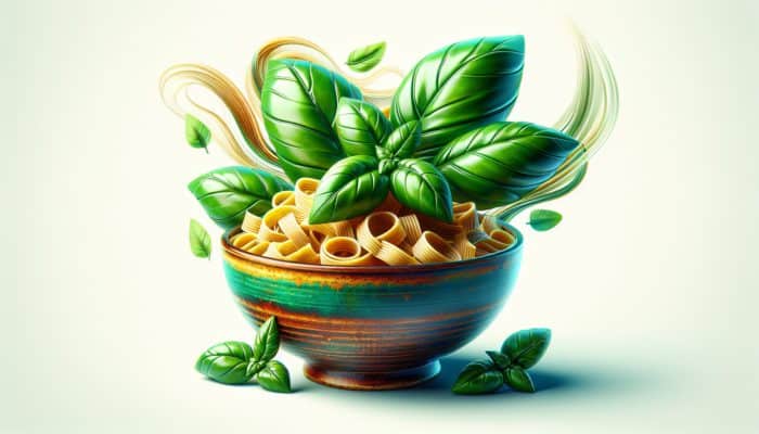 A bowl of pasta adorned with fresh basil leaves, significantly enhancing the dish's flavour and visual appeal.