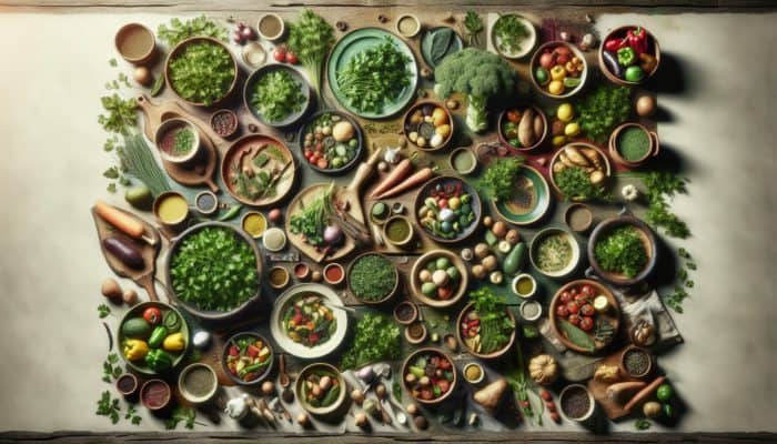 Fresh parsley garnishing colourful dishes on a rustic wooden table, enhancing flavour and visual appeal.