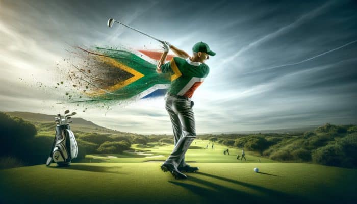 A South African golfer in mid-swing, showing perfect alignment and balanced stance on a lush golf course.