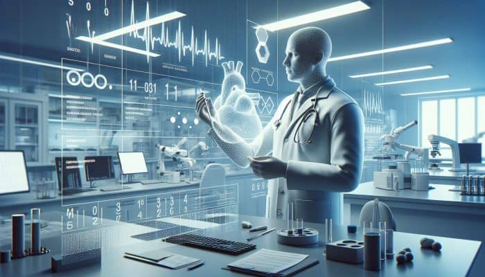 Medical professional analysing cholesterol test results in a modern laboratory environment.