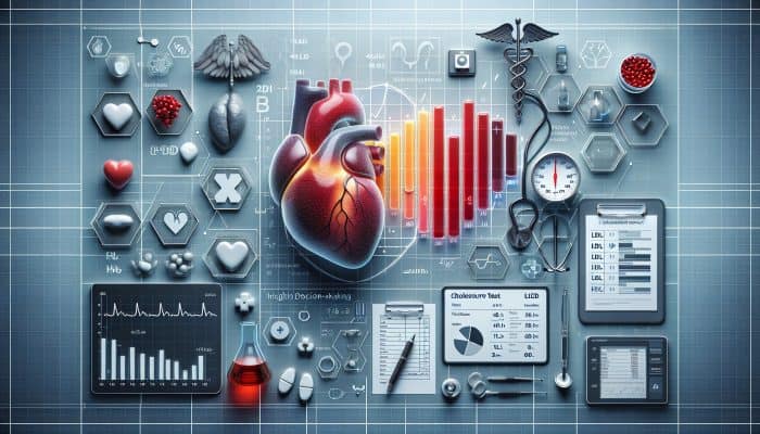 A cholesterol test report displaying graphs for LDL, HDL, triglycerides, heart, and medical symbols highlighting health insights.