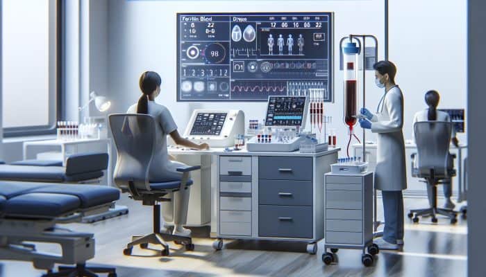 Illustration of a ferritin blood test in a Droylsden clinic, showing equipment and staff.