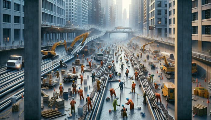 Concrete Drainage Services in New Westminster: Workers in New Westminster managing concrete drainage systems during heavy rain, showcasing installation and upgrades.