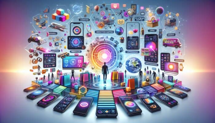 A futuristic e-commerce platform featuring shoppable videos, live-stream events, and AR/VR on mobile devices.