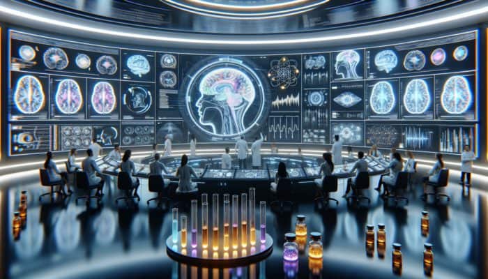 A cutting-edge laboratory where scientists are analysing brain scans and cognitive enhancement supplements, surrounded by advanced data visualisations.