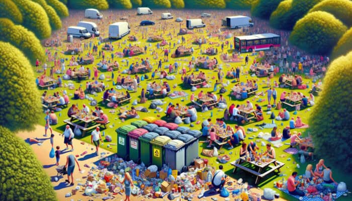 Summer Waste Hacks for House Clearance: UK summer scene with barbecues, picnics, and litter, emphasizing the need for waste management and recycling.