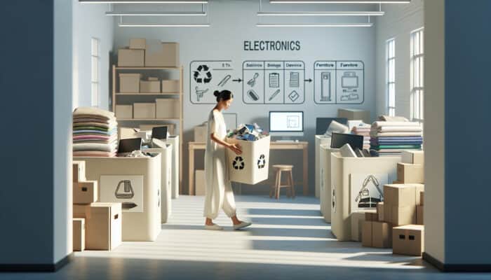 Spring Recycling Tips for House Clearance: A person sorting items into labelled piles in a bright room: electronics, textiles, furniture for recycling or donation.