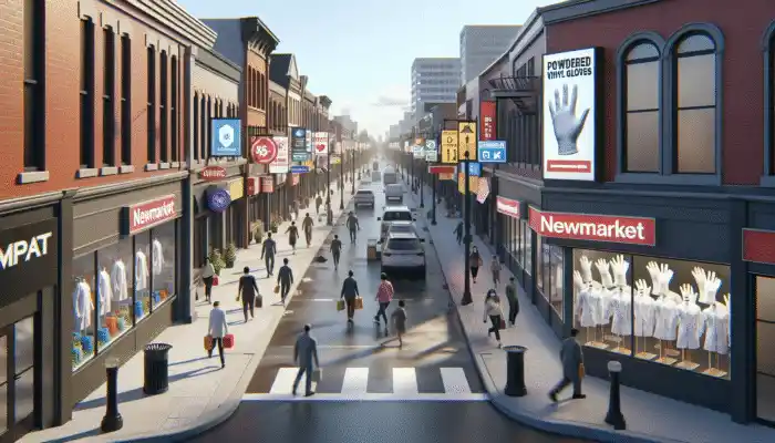 A busy Newmarket street with pharmacies, hardware, and medical shops showing powdered vinyl gloves in windows.