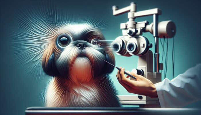 A vet examines a Shih Tzu's eyes for cataracts and glaucoma using specialised equipment.