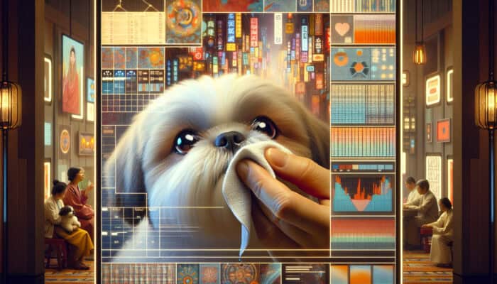 A Shih Tzu's eyes being cleaned by an owner with a soft cloth in a cosy home.