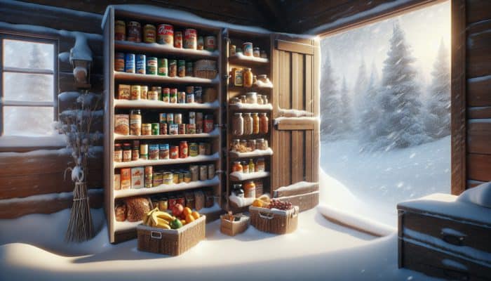 A pantry stocked with non-perishable foods like cans, dried fruits, and nuts, prepared for a blizzard.