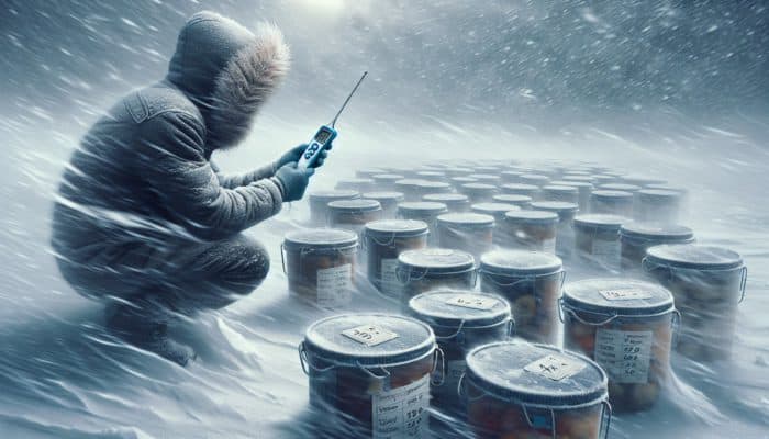 A person checks food temperature with a thermometer in sealed containers during a snowy storm to ensure safety.