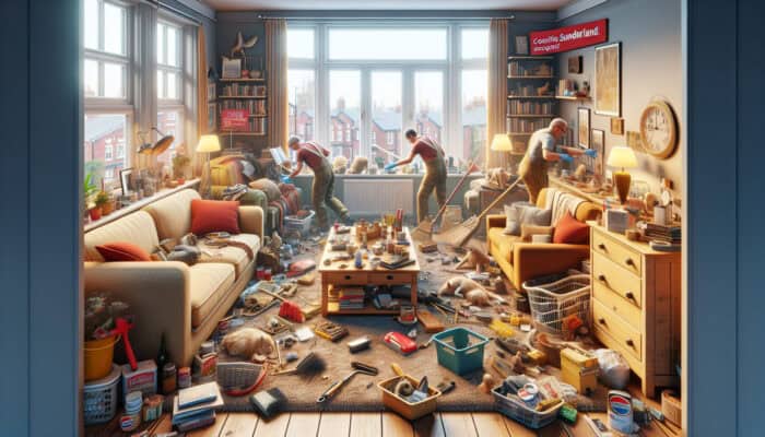 A team of experts clearing a cozy, cluttered living room in Sunderland with affordable tools and visible discounts.