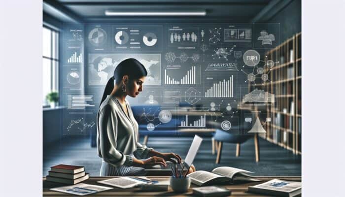 Small business owner analysing SEO trends on a laptop in a modern office, surrounded by marketing resources.