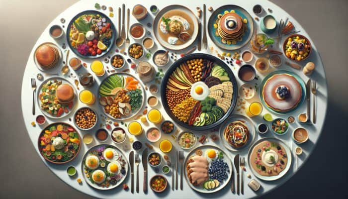 A colourful brunch spread featuring plant-based and globally inspired dishes, reflecting current trends.