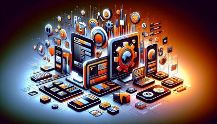 Contemporary website interface demonstrating icons for CMS, responsive design, and SEO, adapting for various devices.