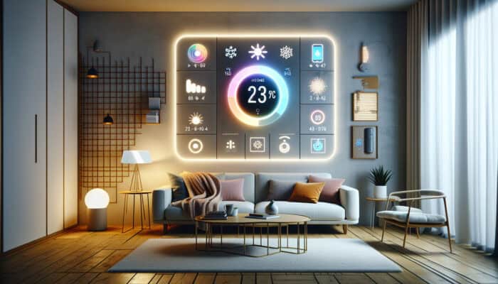 Smart thermostat installed in a modern living room, controlled by a smartphone, with sensors monitoring the heating system's performance.
