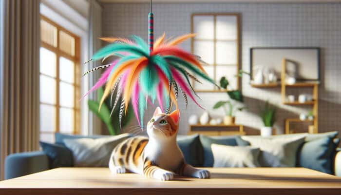 A colourful feather teaser toy designed for a cat's size and play style, made from safe, durable materials.