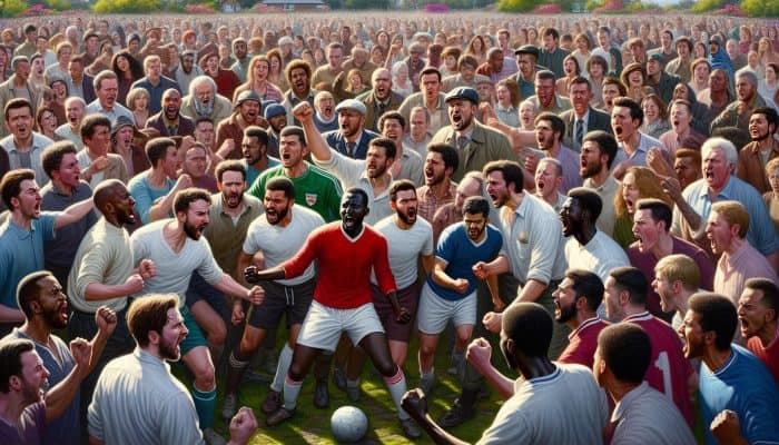 A diverse group of men playing football in a UK park, showing unity and joy.