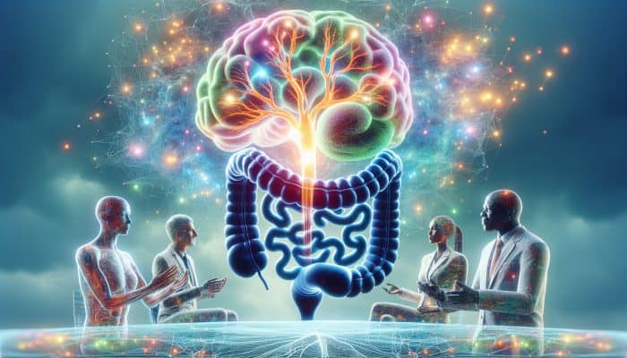 Glowing neural network connected to a vibrant digestive system, with experts in discussion.