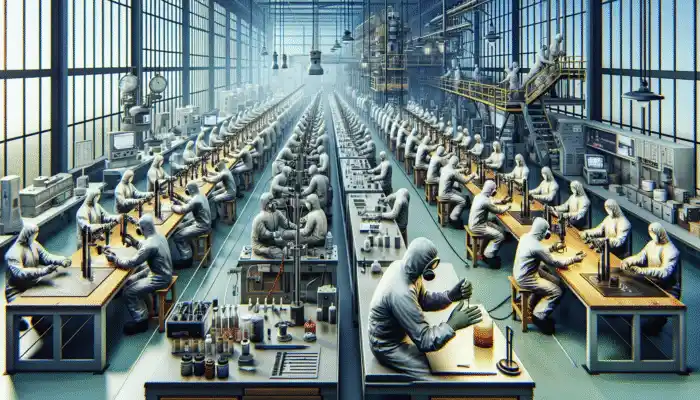 Workers in Goole conducting laboratory tests on safety gloves using advanced equipment for quality and durability assessments.