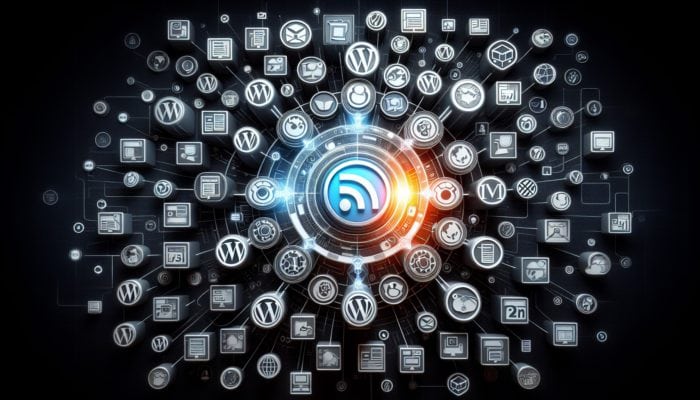 WordPress Website Design Company in Sherborne: A network of CMS logos like WordPress and Magento supporting a glowing website icon, symbolising comprehensive management.