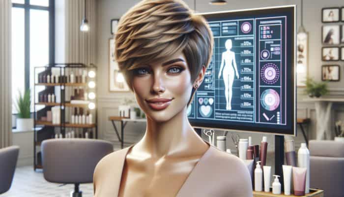Woman with a chic pixie cut confidently posing in a modern salon surrounded by hair care products.