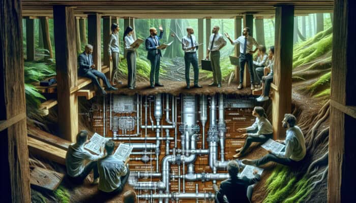 Illustration of crawl space drainage solutions in Chilliwack's humid environment, featuring engineers discussing tailored drainage strategies.