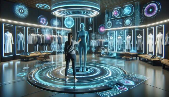 An advanced AR room featuring holographic displays and clothing items for virtual try-ons.