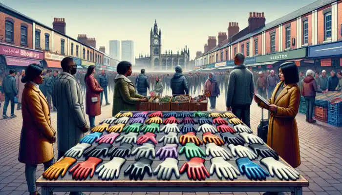 Diverse safety gloves on display at Ilkeston market, various colors and materials, shoppers examining.