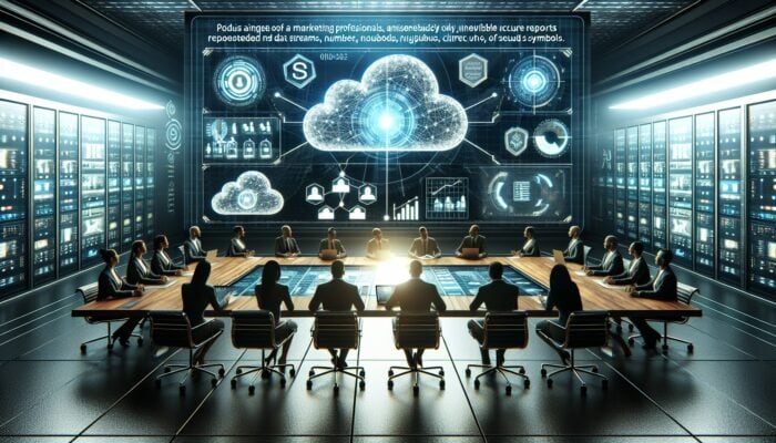 A futuristic control room showcasing a holographic display of data streams, surrounded by secure cloud symbols, and a marketing team analysing real-time reports.