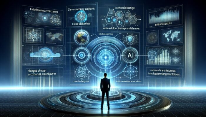 A futuristic marketing office equipped with AI, machine learning, and advanced cloud security measures.