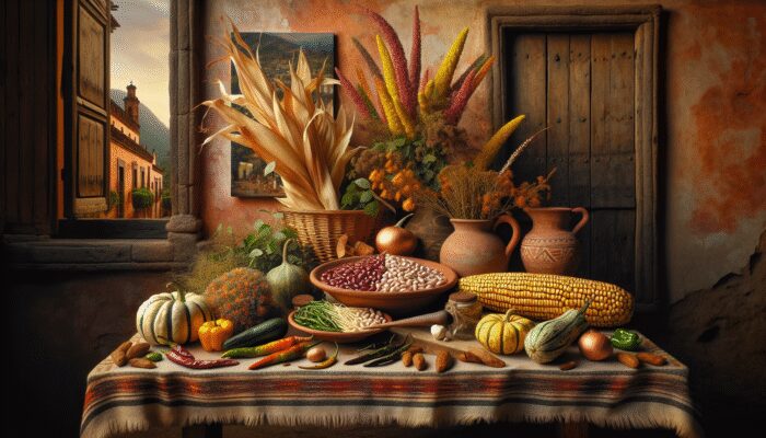 Corn, beans, chiles, and squash on a rustic Mexican table, representing San Miguel de Allende's traditional cuisine.