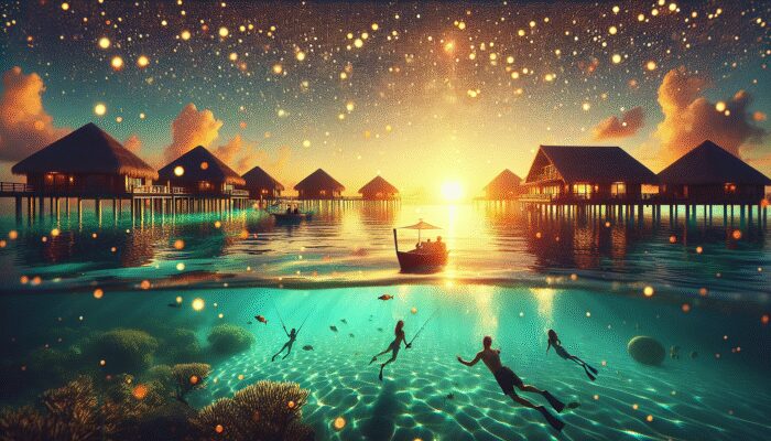 A tranquil Ramon's Resort during off-peak season, featuring fewer guests and personalised service, early bookers diving at sunrise.