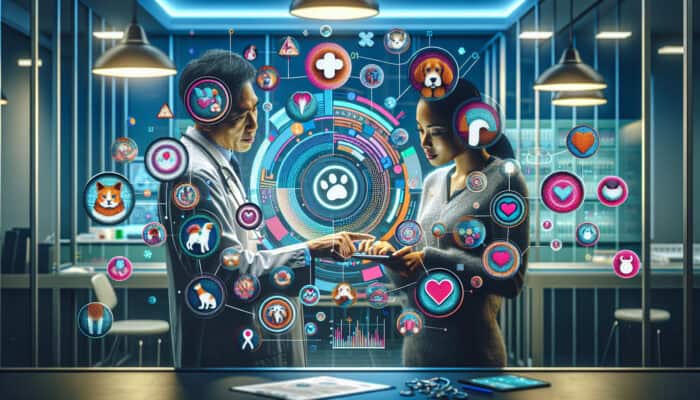 A vet and pet owner reviewing pet health records on a tablet in a clinic, with app icons visible.