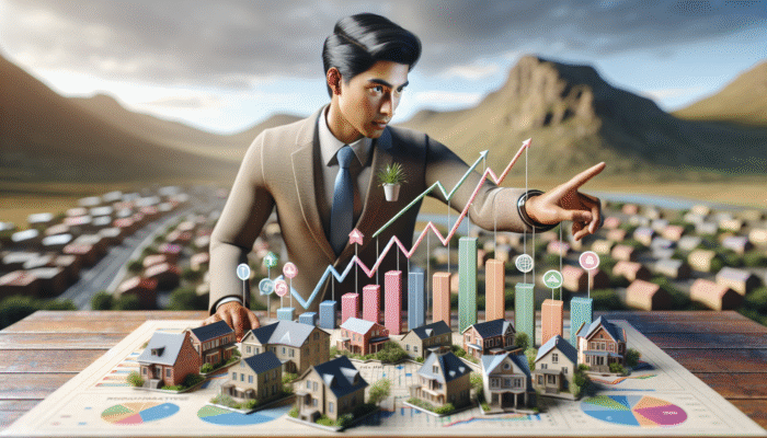 A Kimberley real estate expert analyzing a map with market trend graphs, against the Kimberley landscape.
