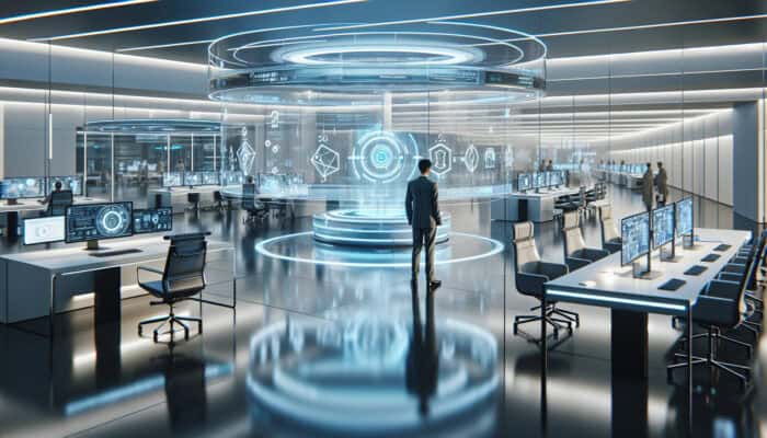 A futuristic office with holographic screens and a human virtual assistant customizing training modules.