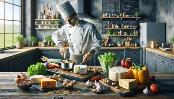 A chef crafting vegan cheese alternatives in a modern kitchen, surrounded by fresh ingredients and colorful vegan cheeses on a rustic table.