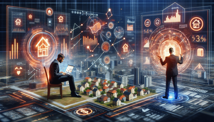 A person using a laptop to research property values in Boksburg, with a real estate agent highlighting a home listing.