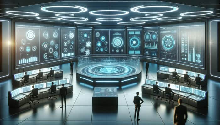 A futuristic control room with holographic displays, experts analyzing virtual assistant performance metrics, modern design, soft blue and green lighting.