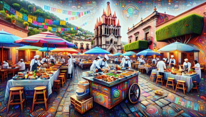 An exciting culinary tour in San Miguel de Allende featuring street food, gourmet dining, and engaging cooking classes amidst vibrant celebrations.