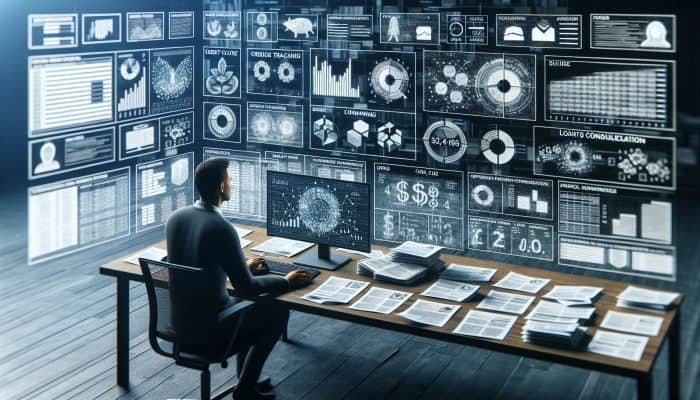 Person analysing financial charts, credit score, budget, and loan documents on a desk.