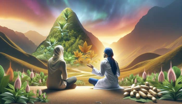 A person consulting a healthcare provider amidst adaptogenic plants like ashwagandha and ginseng, symbolising safe, long-term use.