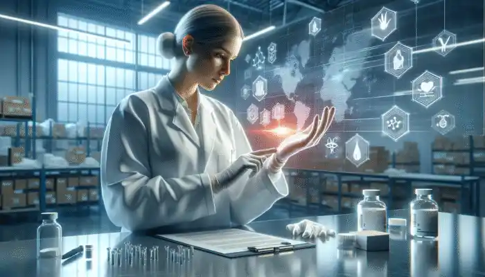 A healthcare professional assessing sterile gloves in a modern Ashford warehouse, complemented by analysis charts and supplier logos.