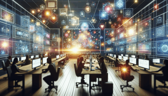 Social Media Management Services in Kingswood: A digital workspace with screens showing social media platforms, a person engaging with audiences and analyzing data.