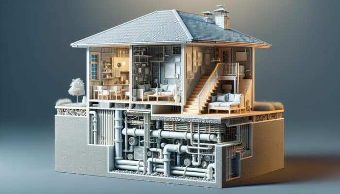 Illustration of Interior Drainage Services in Port Moody: A cross-section showcasing a modern home's interior drainage system effectively managing water flow and preventing flooding and mould.