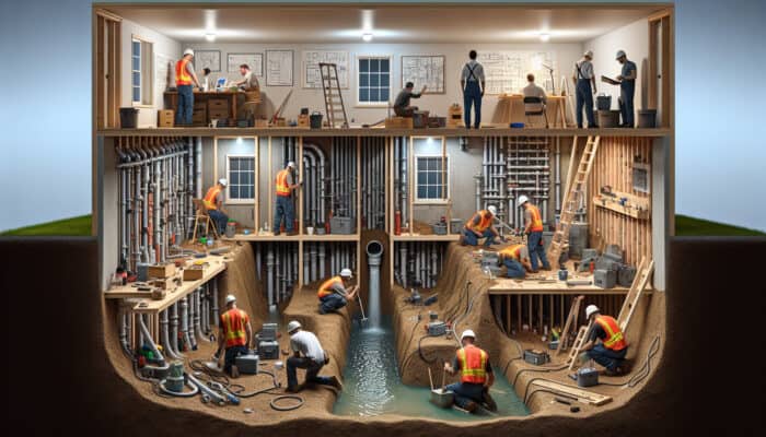 Professionals engaged in the installation of an interior drainage system, assessing, excavating, and installing components over several days.