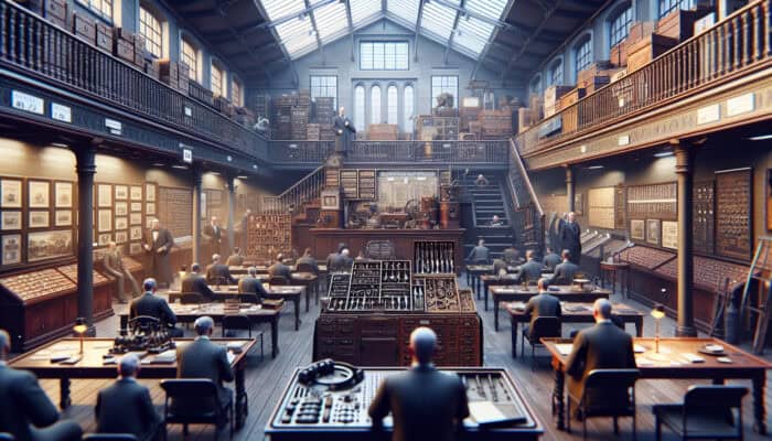 Interior of an auction house with bidders and vintage, rare house clearance tools on display, highlighting competitive atmosphere.