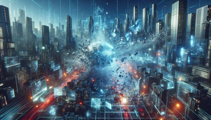 A digital wave crashes through a neon-lit dystopian city, shattering holographic screens and sparking chaotic data streams.